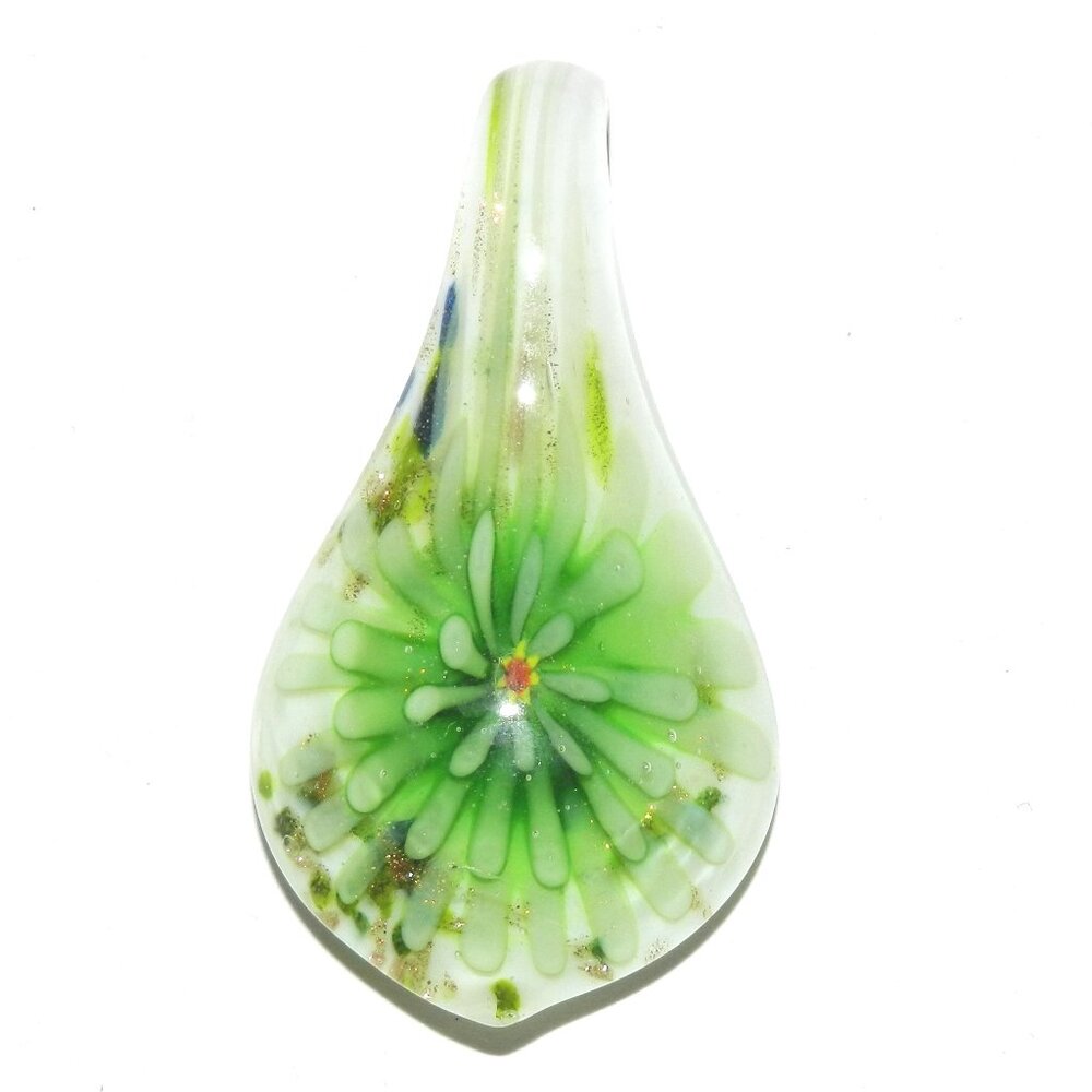 Green Flower Gold Sparkle 55mm Lampworked Glass Spoon Drop Pendant 1pc P2469